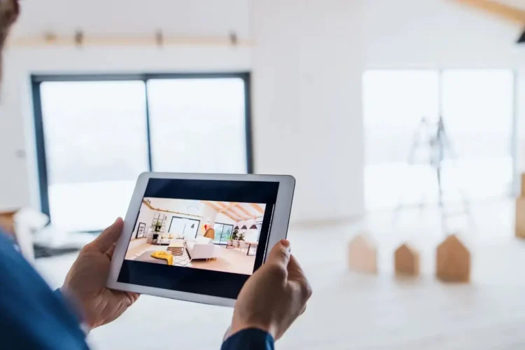 Person using a tablet with a digital real estate platform to view virtual property listings and home interior designs.
