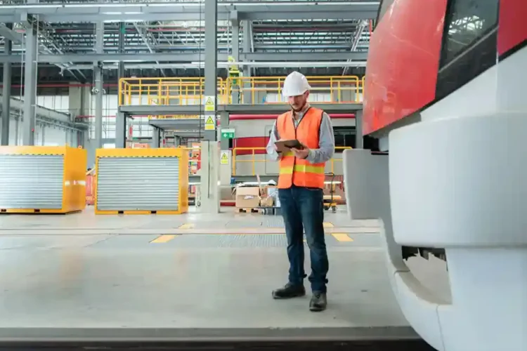 Man in safety gear using tablet in warehouse with IoT fleet and warehouse management system.