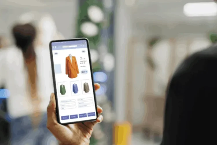 Shopper browsing clothing on smartphone, highlighting seamless retail omnichannel experience app use.