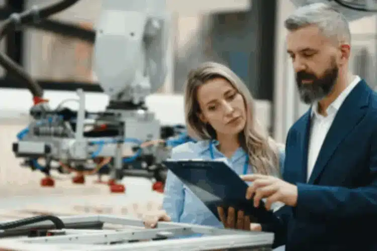 Two engineers, a man and a woman, discussing plans in a factory with robotic machinery, representing JavaScript manufacturing app development.