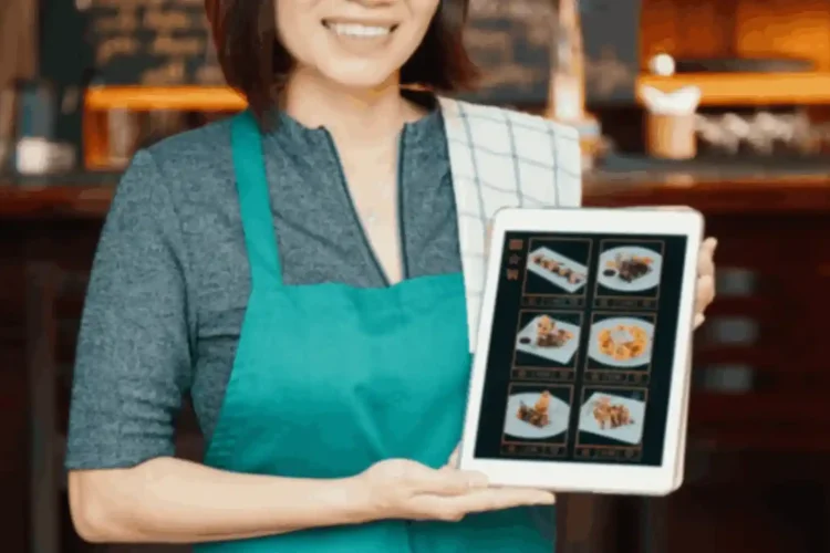 A server holds a tablet displaying a restaurant POS system app with food menu items.
