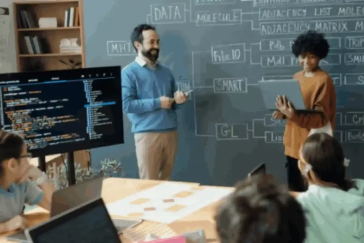 A classroom with a teacher and students, focusing on eLearning Strategic API development.