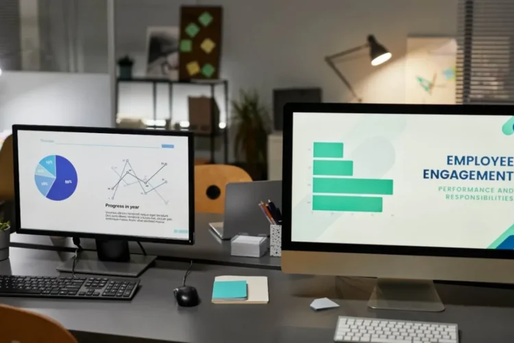 A modern office setup with two monitors displaying charts, representing travel industry database development.