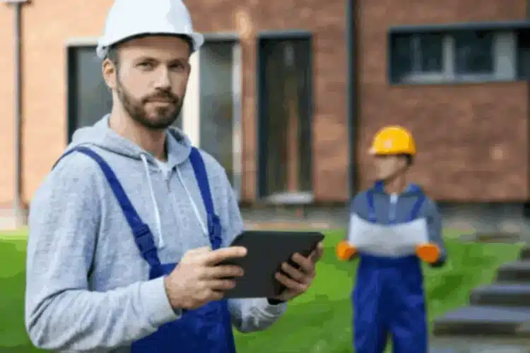 Construction worker with hard hat and tablet outdoors, symbolizing Property Software Validation for reliability.