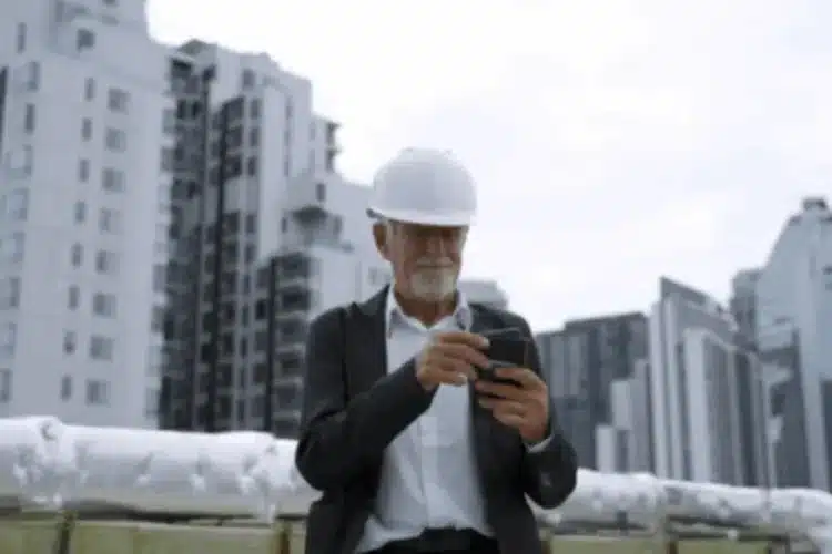 An older engineer in a white hard hat uses a smartphone at a city construction site. Property Tech Validation.